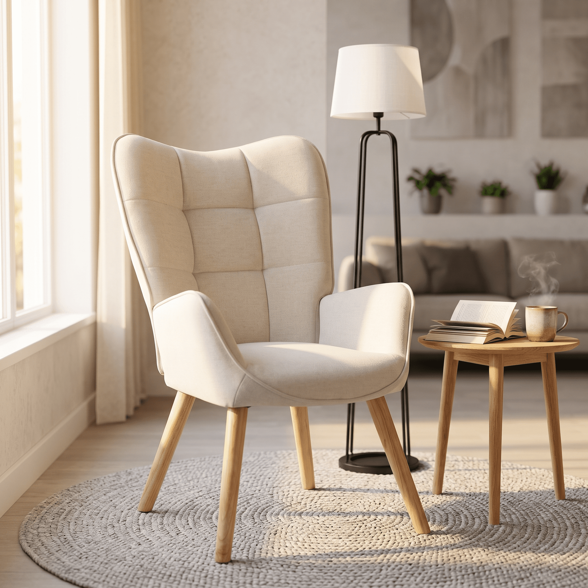 Homy Casa Beige Accent Chair, Upholstered Wingback Armchair with Wood Legs for Living Room