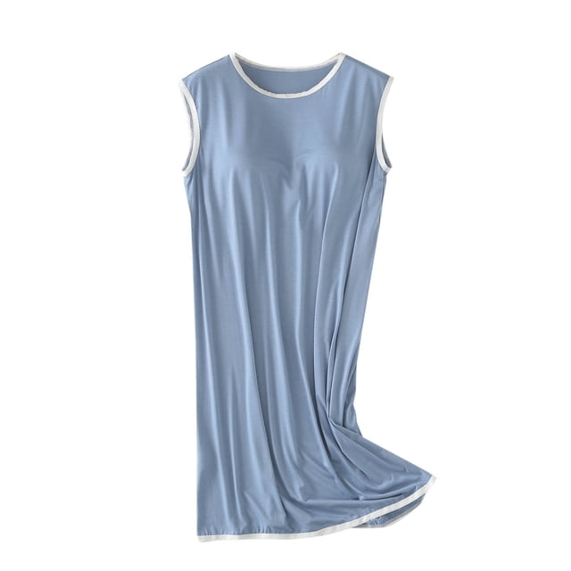 Longues Chemises de Nuit pour Femmes, Bretelles Pyjama Grande Taille Robe de Maison Courte avec Coussin de Poitrine Style Mince Intégré Débardeur Couleur Intégrée Demi-Manche