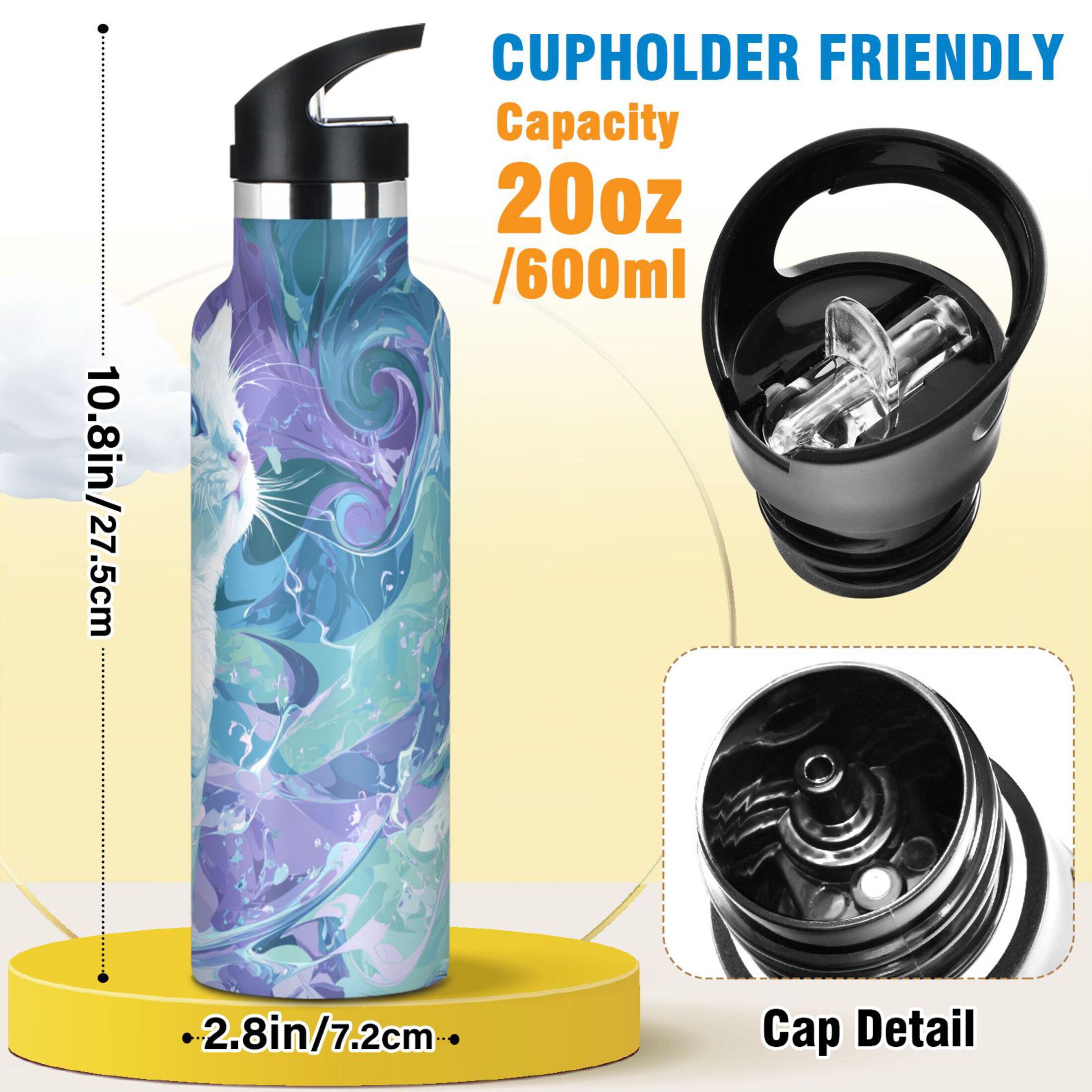 600ML Stainless Steel Insulated Cup Sports Water Bottle Portable Thermos Cup Water Glasses Insulated Tumblers Convenient and Durable Blue Cat