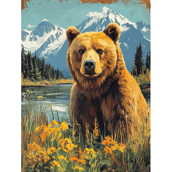 Grizzly Bear Mountain Lake Canvas Art Print， Suitable for Living Room， Bedroom， Office， Cabin， and Lodge Decoration.