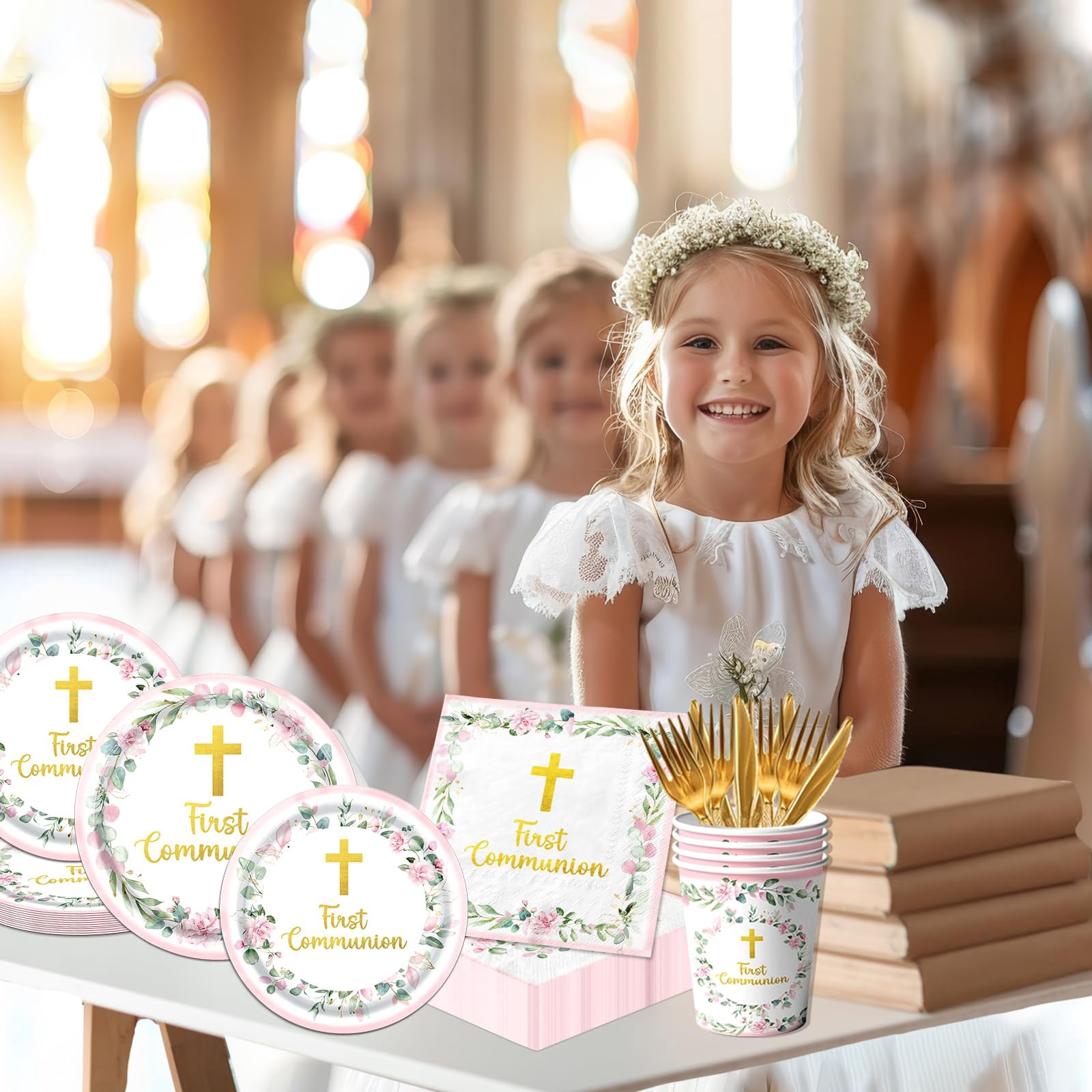 Communion Decorations – Includes 9" & 7" Plates, Napkins, Cups, Cutlery, Serves 25, for First Holy Communion, Baptism, Primera Comunion Party, Available in Pink, Blue, or Green