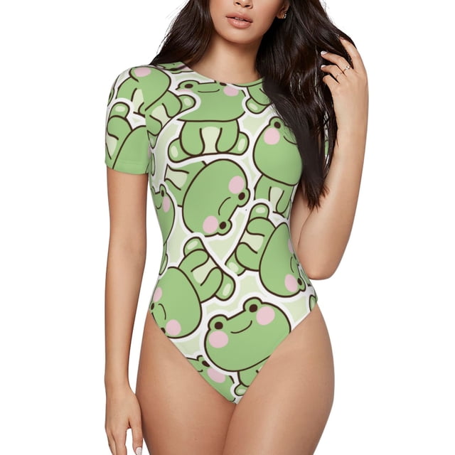 Balery Cute Frog Body de cuello redondo de manga corta para mujer Tops de manga corta Tops básicos-Large