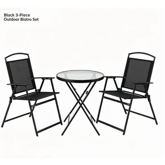 TENGDA 3 Pieces Outdoor Patio Furniture Set, Folding Chairs with Glass Top Side Table, Black