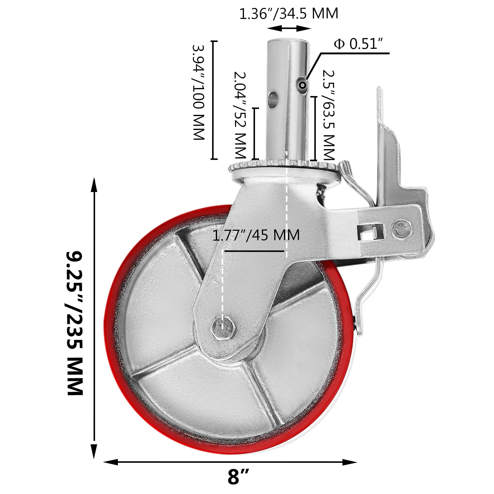 KFFKFF Scaffold Casters, 8" (Set of 4) - Scaffolding Wheels Heavy Duty, 4400 Lbs Per Set - Stem Swivel Casters with Brake, Red Polyurethane - Replacement for Scaffold, Shelves, Workbench