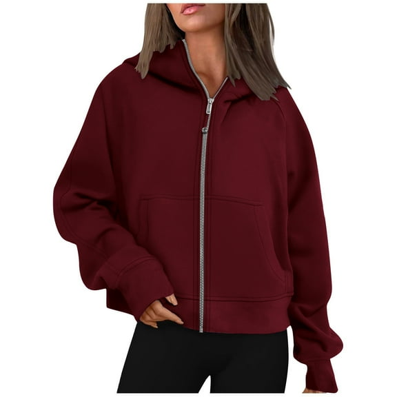 ZyeKqe Cropped Hoodies for Women Full Zip up Fleece Lined Jackets Long Sleeve Hooded Sweatshirts with Thumb Hole
