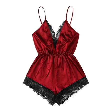 

Voguele Ladies Lingerie One Piece Bodysuit Deep V Sexy Sleepwear Lace Women Mini Cross Back Backless Spaghetti Straps Red L