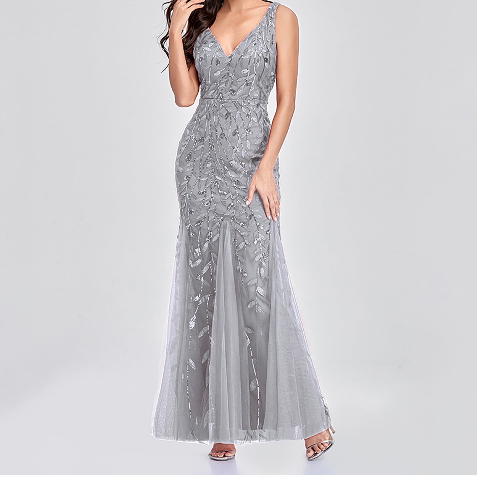 Womens Luxurious Sequins Formal Evening Dress Elegant Sleeveless Mermaid Tulle Floor Lenght Party Cocktail Dresses