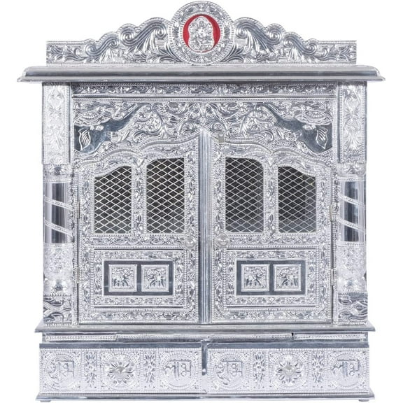 Home Pooja Mandir - Wooden Temple Plated with Pure Silver Aluminuim Sheets, Puja Mandap Home Mandhir 10 X 22 X 25 Inches