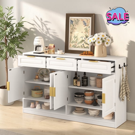 Hassch Sideboard Buffet with 3 Drawers and 4 Doors, 59" Accent Cabinet with Adjustable Shelf, Coffee Bar Cabinet with Side Hooks, Credenza for Kitchen, Dining Room, Living Room, White
