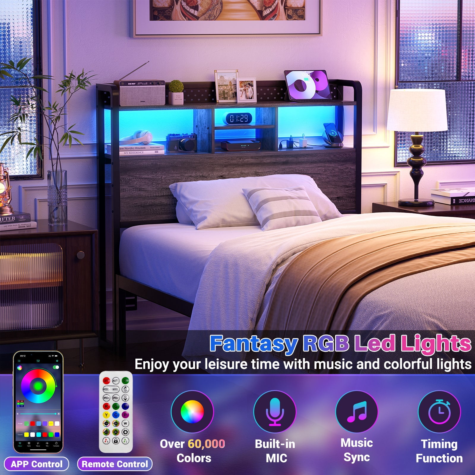 iSunirm Twin Headboard Only, Headboard for Twin Size Bed with Outlets and Storage, Bookcase Headboard with LED Lights, Height Adjustable, Sturdy and Easy Assembly, Black Oak