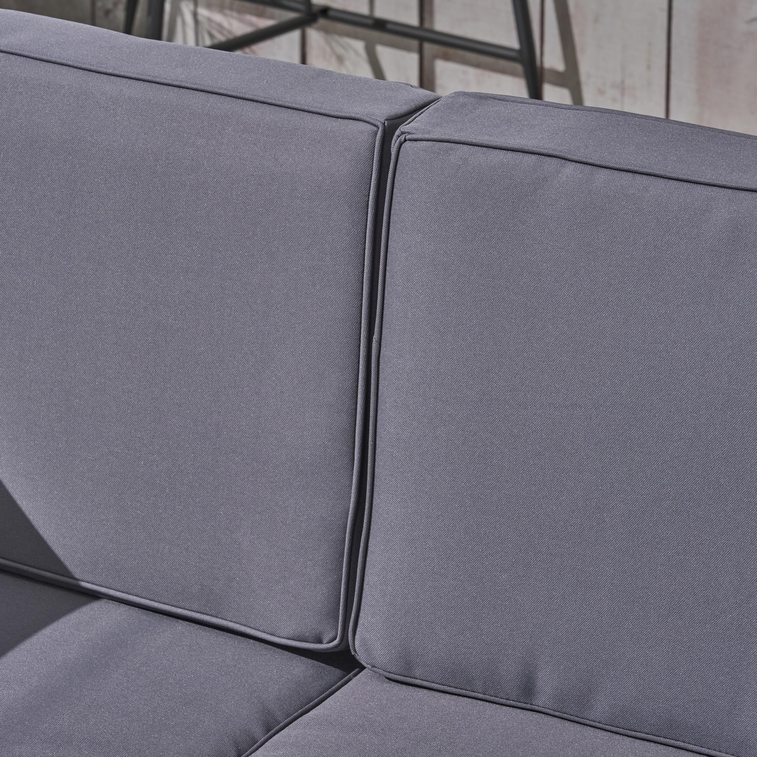 Frankie Outdoor 9 Piece Acacia Wood Sectional Sofa Set with Coffee Table and Cushions, Gray, Dark Gray