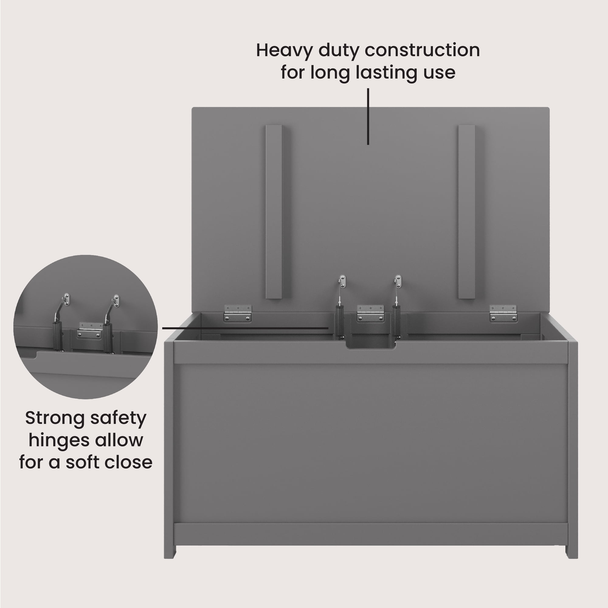 Child Craft Harmony 33" Kids Toy Box Storage Chest, Soft-Close Hinges, Wooden Construction, Cool Gray