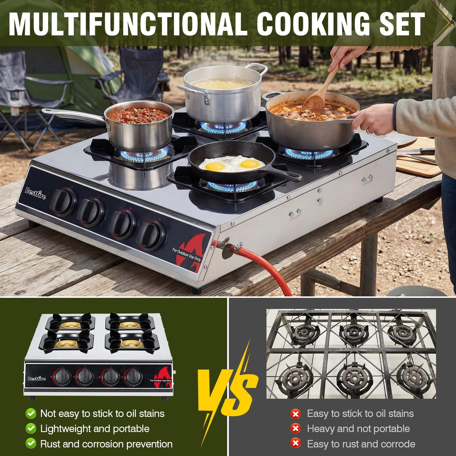 SIXDAY 4 Burner Propane Gas Stove, 40,000 BTU Portable Outdoor Cooktop with Stainless Steel Surface, Enamel Pan Supports, Electronic Ignition, Regulator & Hose for Camping, BBQ & Outdoor Cooking