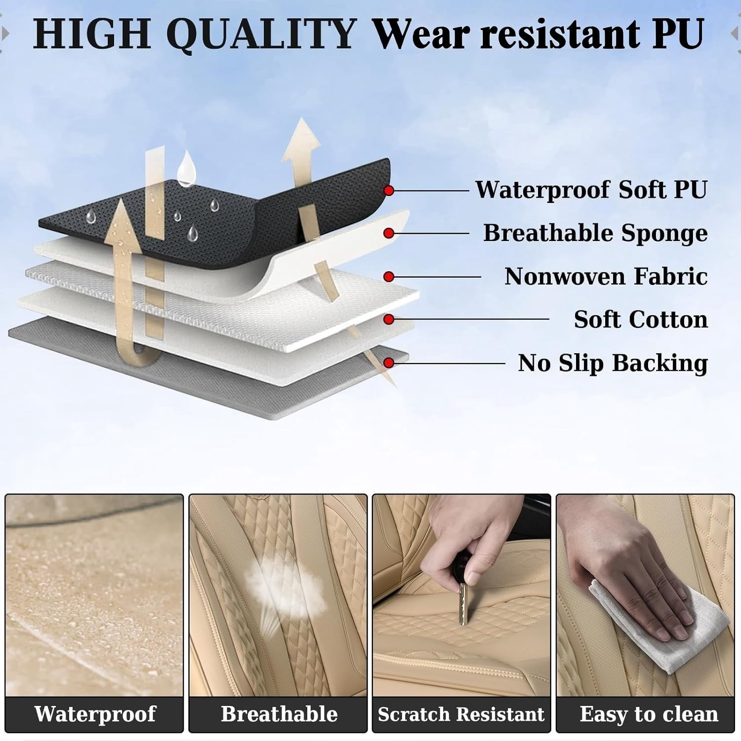 Beige Car Seat Covers for INFINITI Q50 2014-2024 Car Seat Cover , Waterproof PU Leather, 5 Piece Full Set, Non-slip, Wear Resistance, Protect and Upgrade Seats, Beautify the Interior of Old Cars