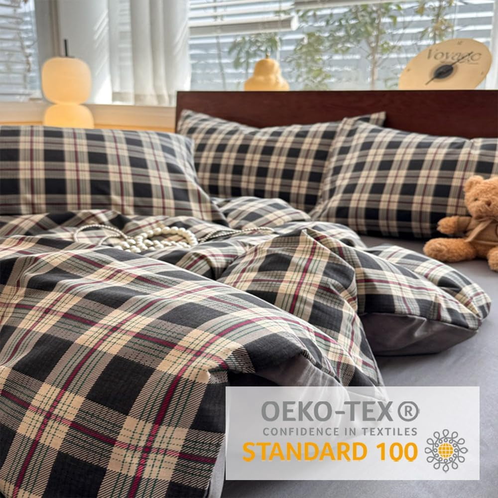 JOLUSERE Black Beige Plaid Duvet Cover Twin Set, 2-Piece Vintage Grid Checkered Pattern Soft Gray Comforter Cover
