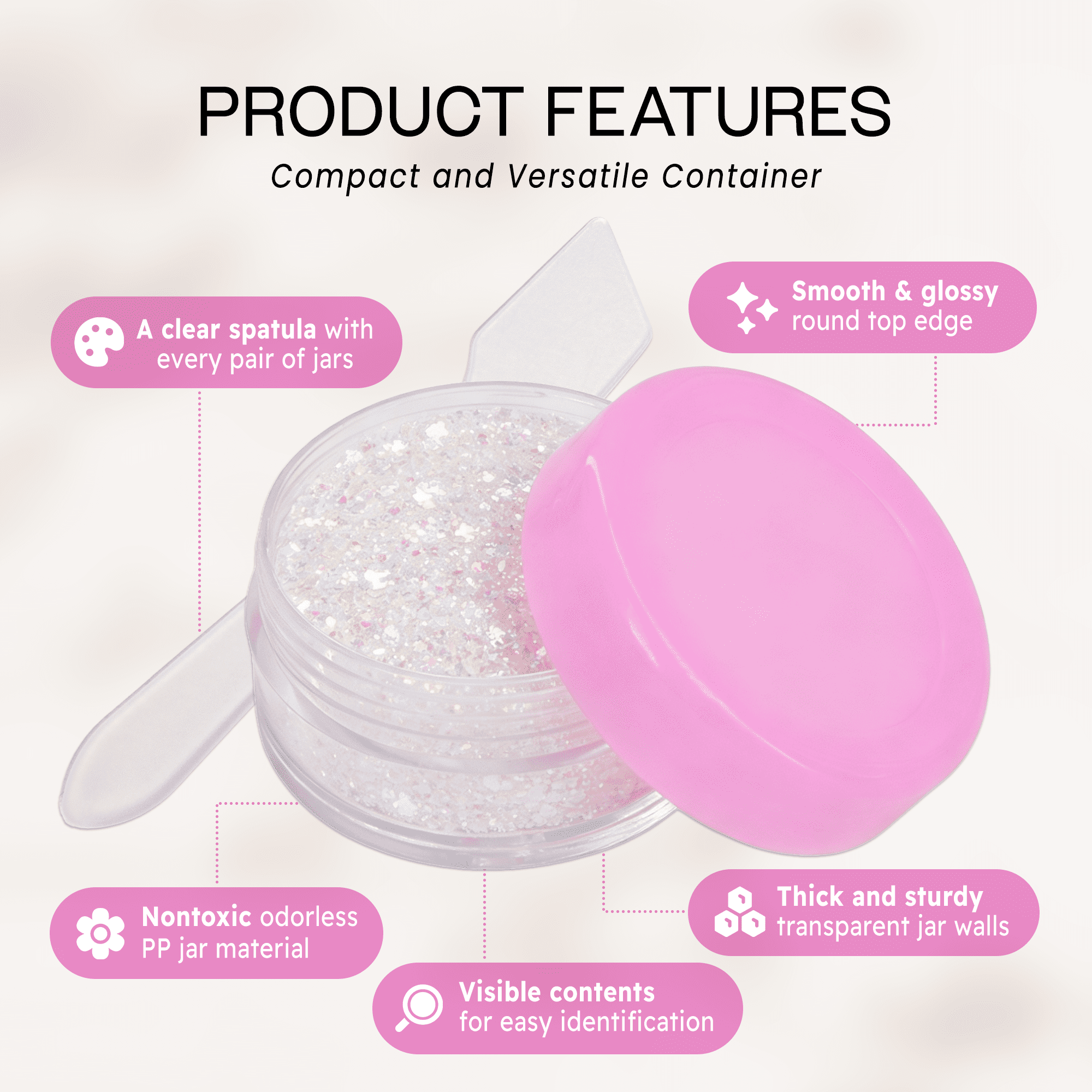 10G/10ML Plastic Clear Cosmetic Sample Jars with Pink Lid and Spatulas