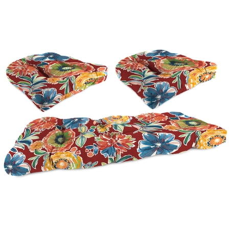 Jordan Manufacturing 3-Piece Colsen Berry Red Floral Tufted Outdoor Cushion with 1 Wicker Bench Cushion and 2 Wicker Seat Cushions