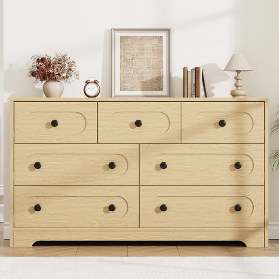 Mid-Century Modern Wood Dresser 55 Inch Wide Chest of Drawers with Metal Knobs, Natural Walnut
