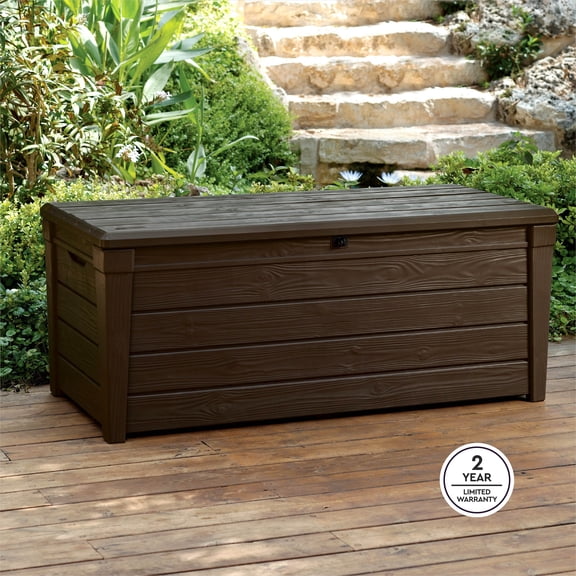 Keter Brightwood 120 Gallon Durable Resin Outdoor Deck Box Storage Organization, Brown