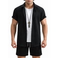 thumbnail image 2 of Men'S Waffle Knit 2-Piece Outfit with Button Down Shirt and Shorts for Summer Black XL, 2 of 8