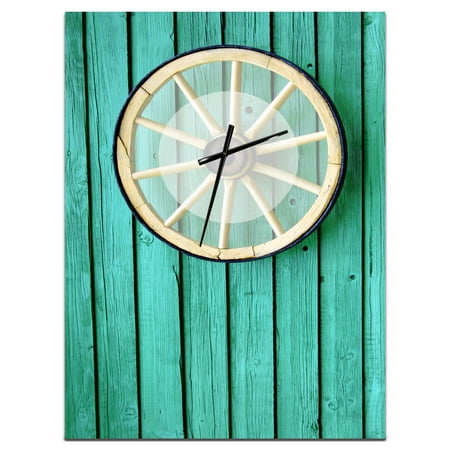 Antique Wagon Wheel on Turquoise Wood' Oversized Farmhouse Metal Clock 30 in. wide x 40 in. high