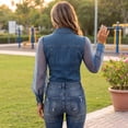 thumbnail image 4 of Domzest Women’s Vintage Faux Denim Shirt Sheer Mesh Long Sleeve Denim Tops Button Down See Through Jean Top with Chest Pocket Light Blue S, 4 of 7