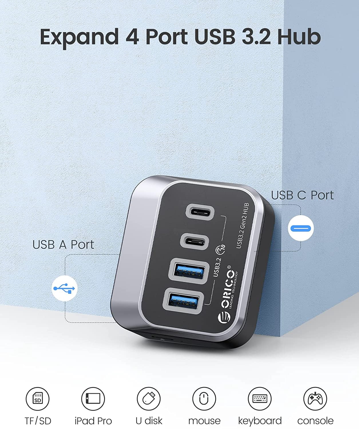 ORICO USB 3.2 Gen 2 USB Splitter,10Gbps USB Hub with 2 USB A Ports+2 Type C Ports, USB Adapter USB Extender USB Splitter with 1.64Ft USB Cable for Laptop, Camera,Keyborad, Mouse