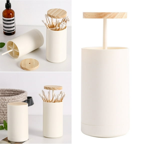 Cotton Bud Dispenser Toothpick Storage Jar Automatic Wooden