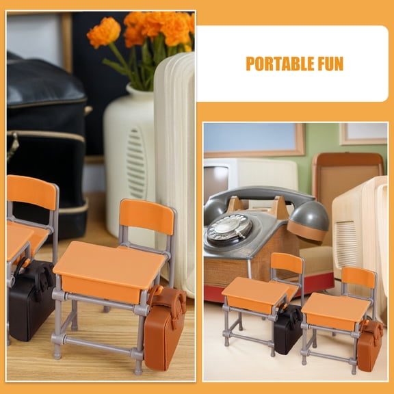 CIMAXIC 4-Piece Miniature Dollhouse Accessories Set with Plastic School Desk and Schoolbag for Miniature Houses