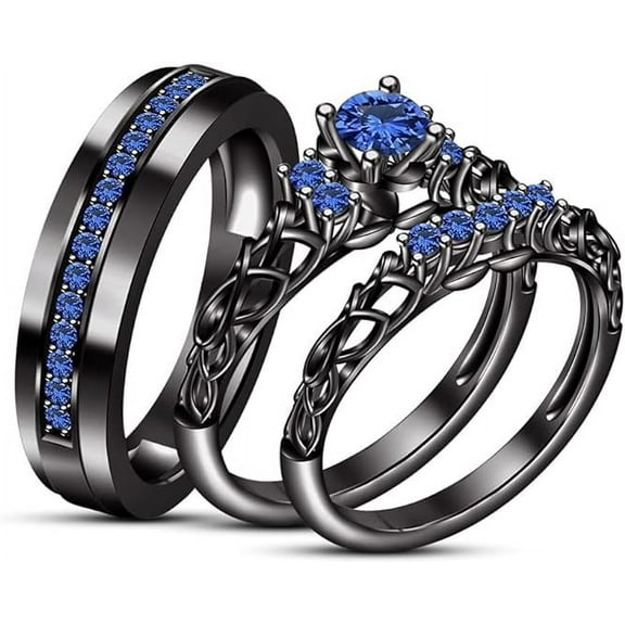 Divine Creation Unisex 925 Sterling Silver 1.70 Ct Round Cut Blue Sapphire Wedding Engagement Trio Ring Set 14K Black Gold Plated For Men's & Women's -5