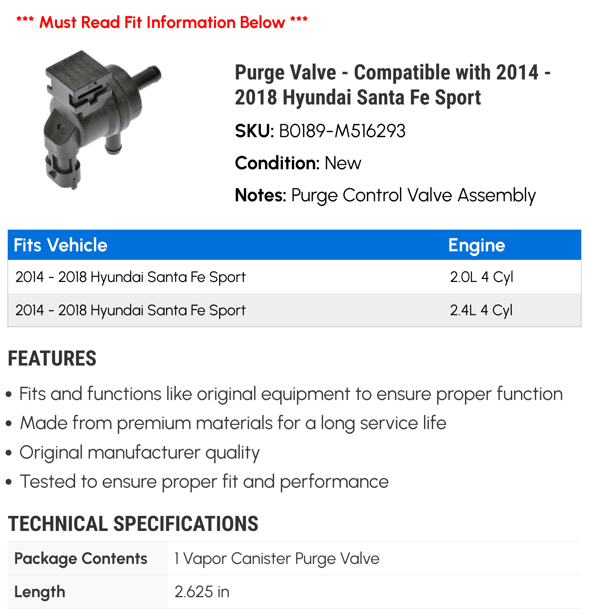 Purge Valve - Compatible with 2014 - 2018 Hyundai Santa Fe Sport 2015 2016 2017