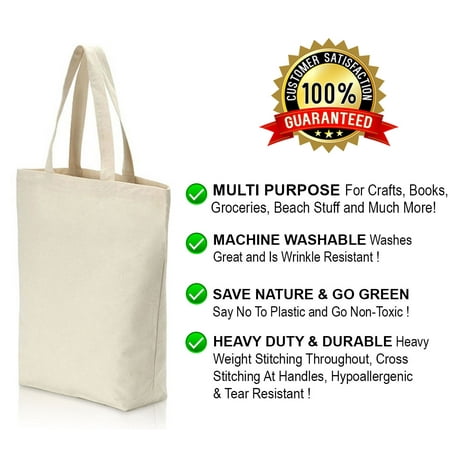 Natural Canvas Tote Bags Craft - Heavy Duty and Strong Large Natural Canvas Tote Bags with Bottom Gusset (6 Pack + other sizes) for Crafts, Shopping, Groceries, Books, Welcome Bag, Diaper Bag, Beach, and Much More! -6 Pack- (15x14x4)