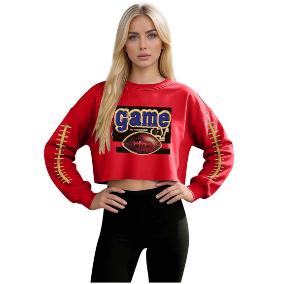 Uootdi Going Out Tops for Women Long Sleeve Crewneck Football Graphic Sweatshirts Cropped Fit Trendy Casual Party Outfits Gift