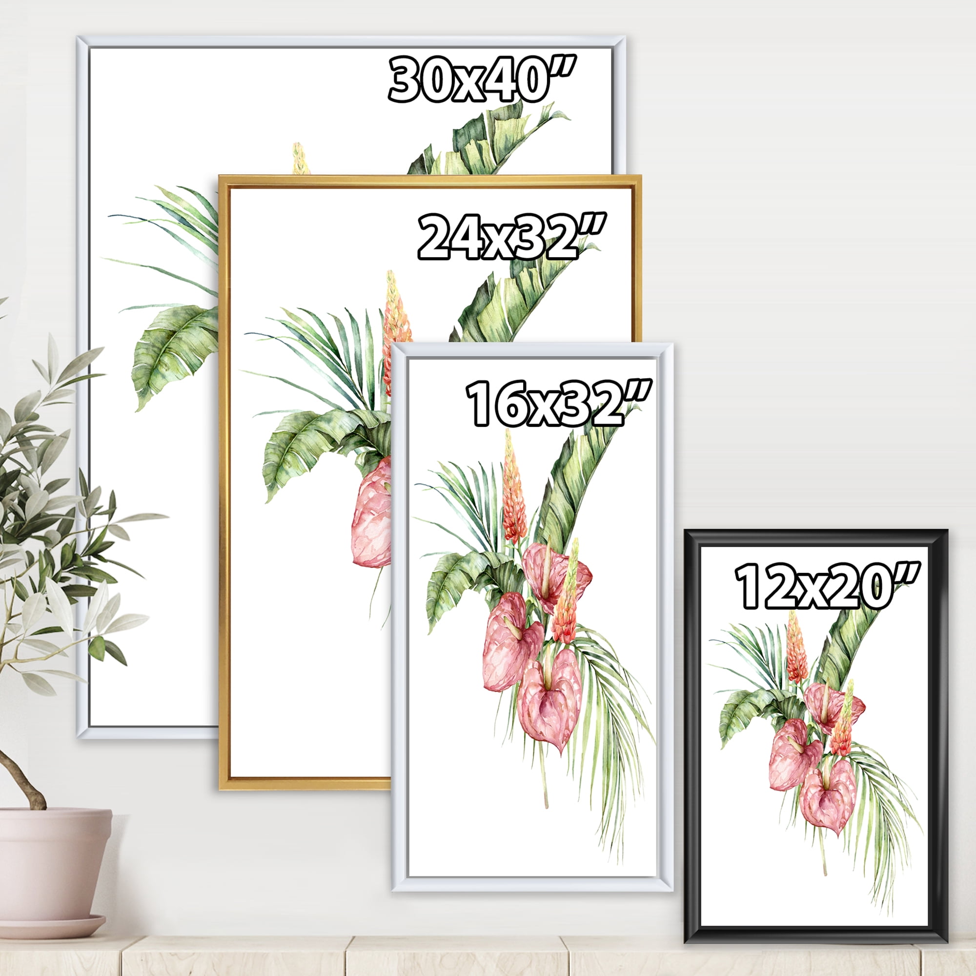 Tropical Bouquet With Anthurium Lupine and Leaves On White II 12 in x 20 in Framed Painting Canvas Art Print, by Designart