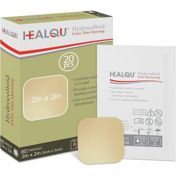 Healqu Hydrocolloid Wound Dressing – 2 x 2 in Thin, 20 Count – Sterile Bordered Hydrocolloid Bandages for Bed Sores, Abrasions & Minor Wounds – Waterproof, Absorbent Protection