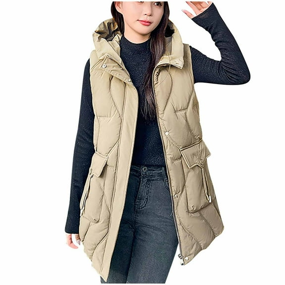 TFEOQRY Women's Winter Long Cotton Vest Casual Solid Color Slim Fit Tank with Pockets Zippered Tops Reversible Long Cotton Coat Khaki