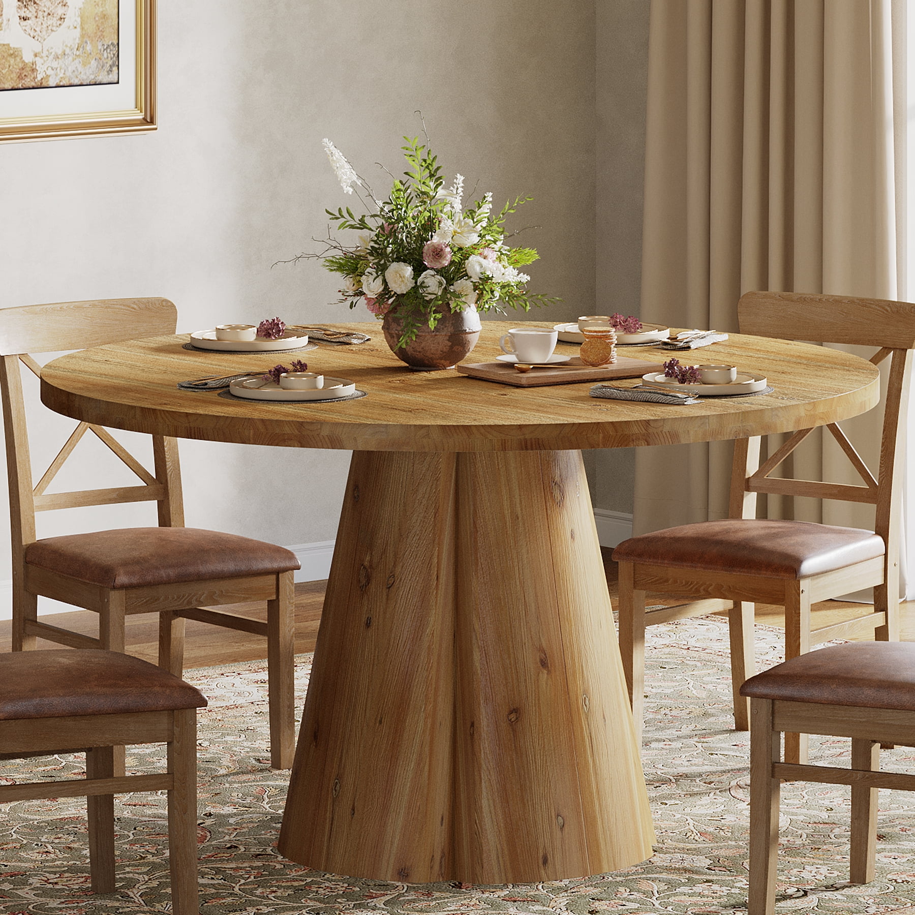 Tribesigns 47.24-Inch Solid Wood Dining Table, Farmhouse Round Kitchen Table with Wooden Pedestal Base for 4-6, Dinner Furniture for Kitchen, Home Dining Room, Easy Assembly