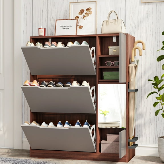 Wooden Shoe Cabinet with 3 Flip Drawers, Narrow Shoe Cabinet with Doors and Bench, Shoe Storage Cabinet for entryway, Shoe Organizer Cabinet with Mirror, Walnut