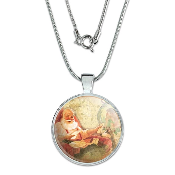 Christmas Holiday Retro Antique Dear Santa Letters 1" Pendant with Sterling Silver Plated Chain