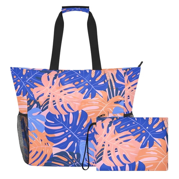 Colorful Palm Leaves Beach Bag Travel Tote Bag Reusable Shopping Bag Gym Bag with Wet Pocket Waterproof