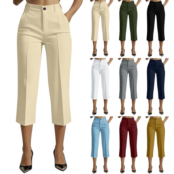 Cfrylhy Dressy Capri Pants for Women Summer Casual High Waisted Straight Wide Leg Work Dress Cropped Pants with Pockets