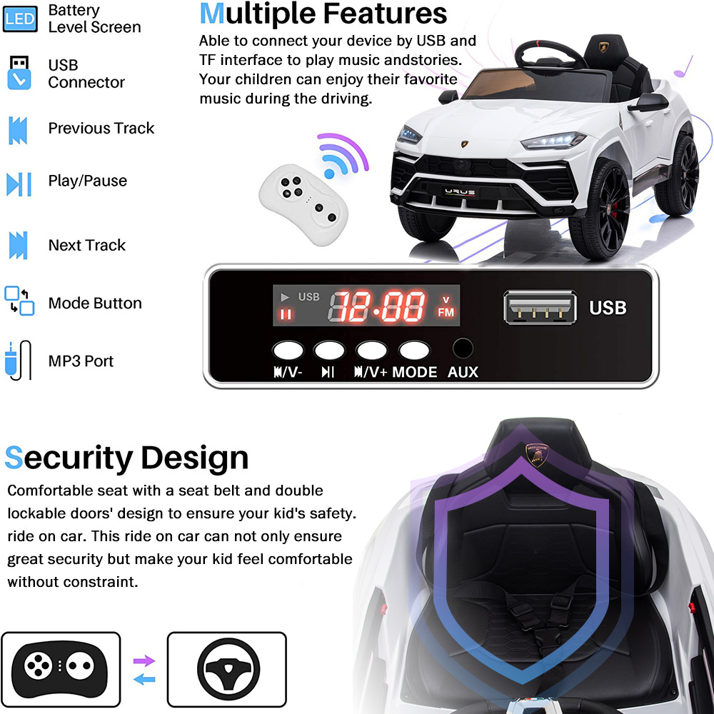 Ride on Toys for 3-4 Year Olds Boy Girl, Lamborghini 12 V Kids Ride On Car  with Remote Control, Battery Powered, Electric Vehicles with LED Lights,  MP3 Player, Horn, Birthday Gift, White -