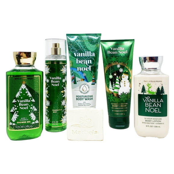 Bath & Body Works Vanilla Bean Noel - Deluxe Gift Set - Fine Fragrance Mist, Body Cream, Moisturizing Body Wash, Shower Gel and Body Lotion With a Natural Oats Sample Soap.