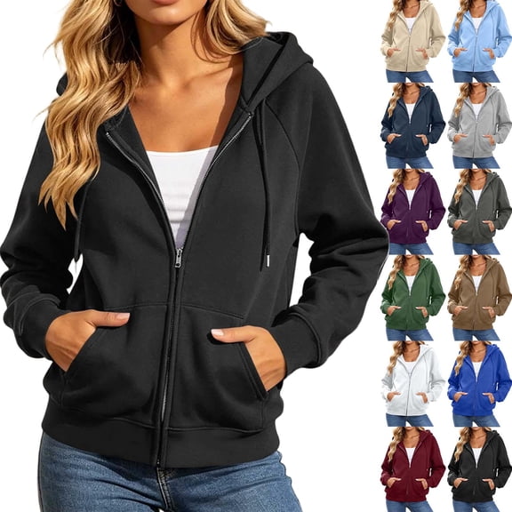 Zippered Hoodies for Women Dqueduo Women's Casual Full-Zip Fleece-Lined Hoodie Drawstring Long Sleeve Sweatshirt Coat with Pockets Black XL