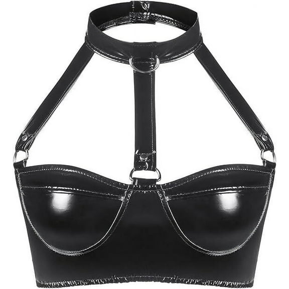 Women's Black Latex Outfit Patent Leather Bras, Adjustable Non-Steel Ring Lingerie Hanging Neck Corset Black Crop Top for Party Bar Masquerade Club Dress Up Medium Size,XL