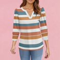 thumbnail image 4 of Garbnen Puff Sleeve Shirt Striped V Neck 3/4 Sleeve Tops for Women Color Block Dressy Three Quarter Length Sleeve Woman Tunic Tops, 4 of 4