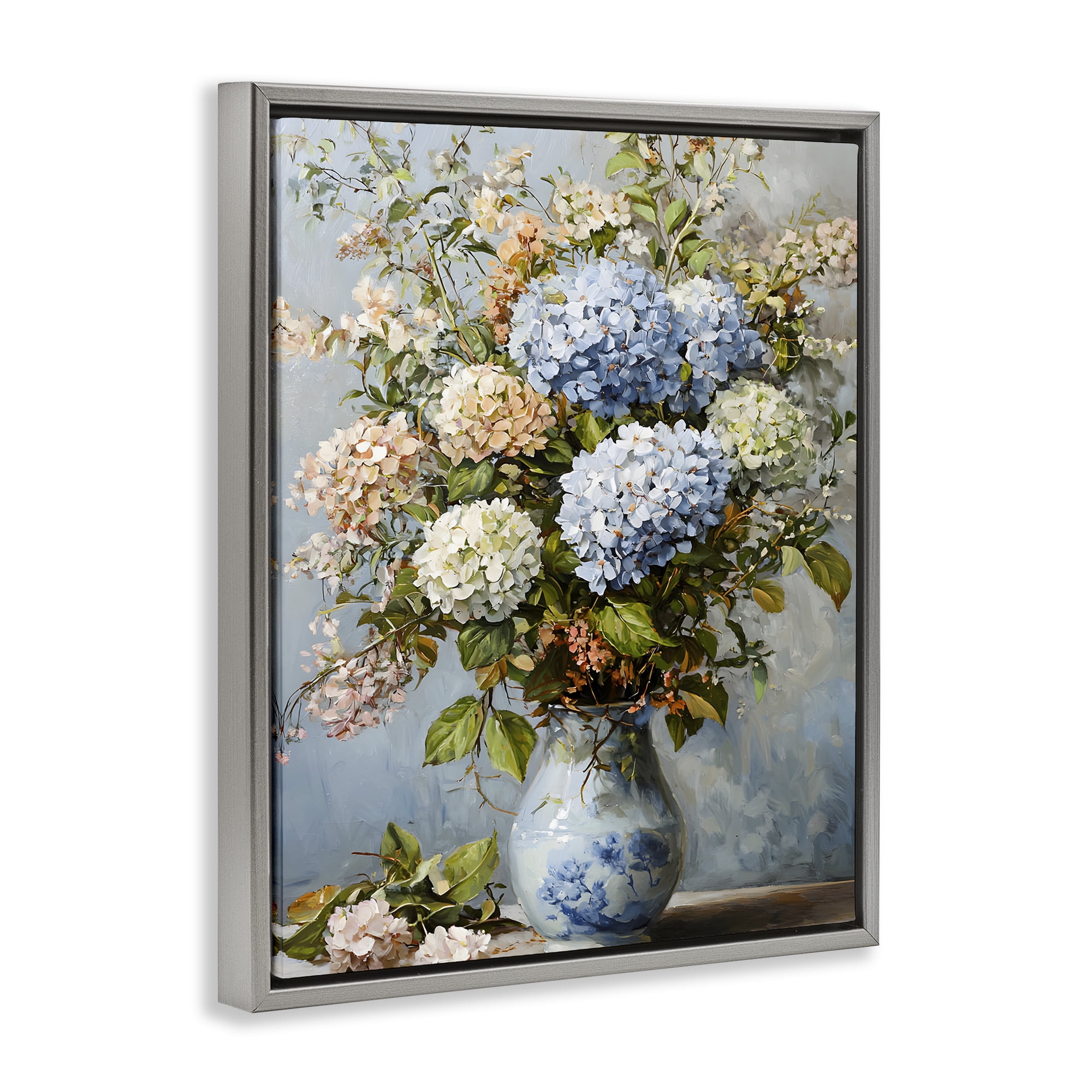 Stupell Industries Classic Hydrangeas & Leaves Floral Painting Gray Floater Framed Canvas Art Print Wall Art, 17 x 21
