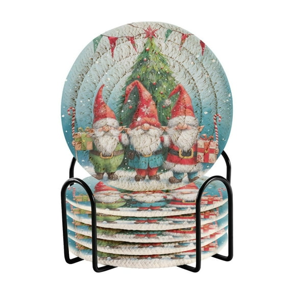 Gnomes Christmas Trees 6 Pcs Drink Coasters with Holder Absorbent Coasters Woven Coasters for Drinks Table Desk Protection Home Decor