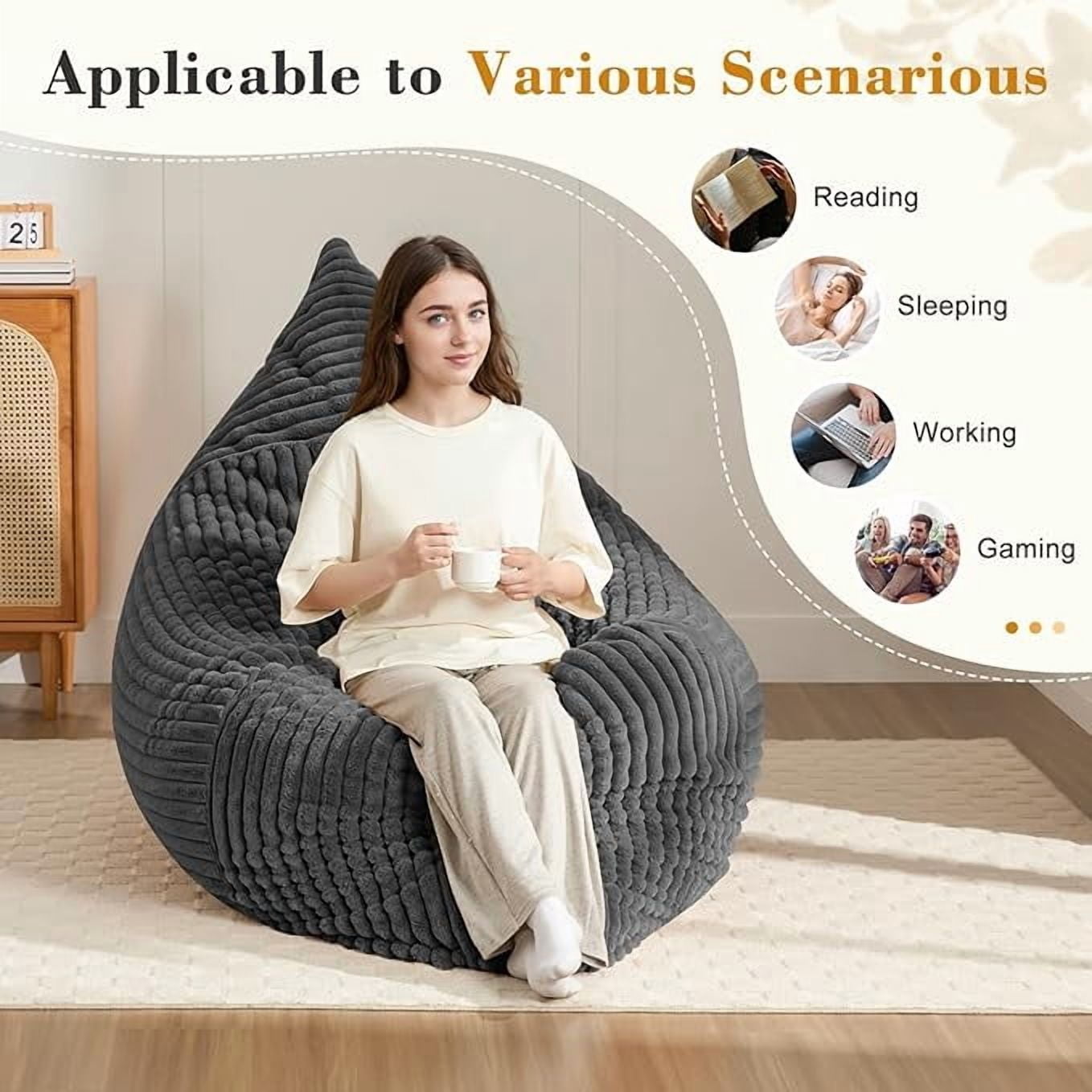 Oversized Striped Bean Bag Chair, Large Floor Lounger with Machine-Washable Corduroy Cover, Full-Body Relaxation Sofa for Home Theater, Living Room, Dark Grey