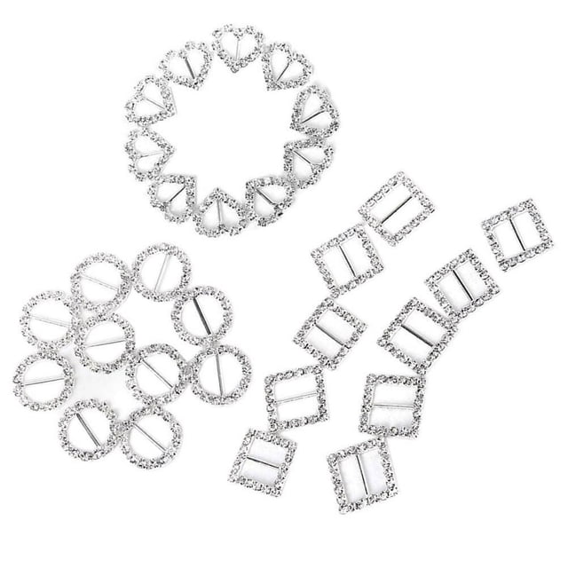 LEEYNEER 30 Pcs Heart Shape Ribbon Buckle Sliders Rhinestones Diamante Embellishments Dimond Charms Ring Round